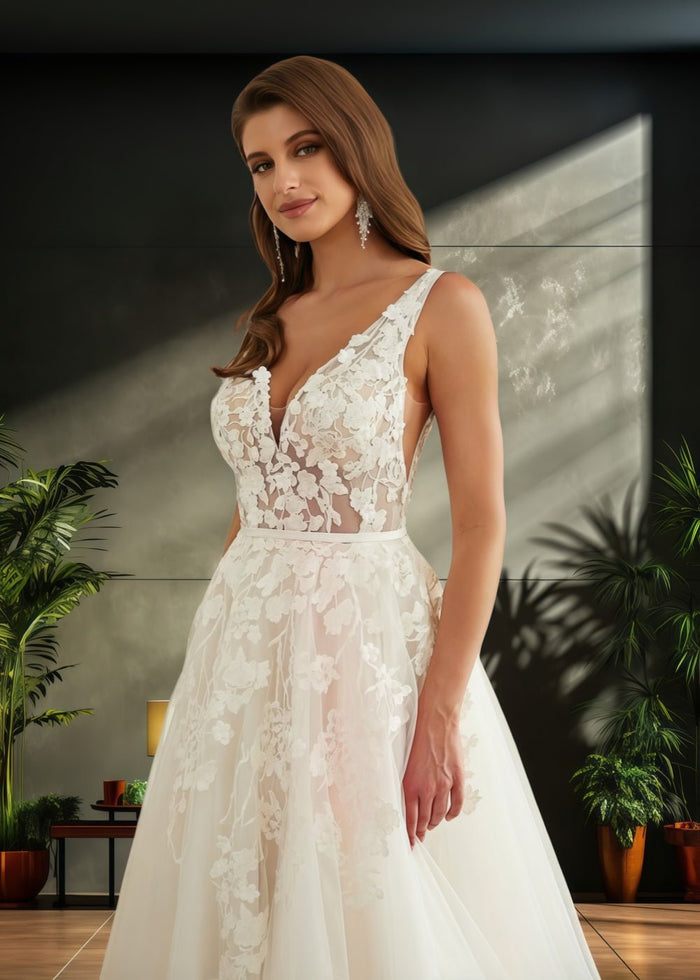 Jo | V Neck Princess Sleeveless Applique Lace Wedding Dress Train - A Blend of Allure and Elegance - White - PromDressClub