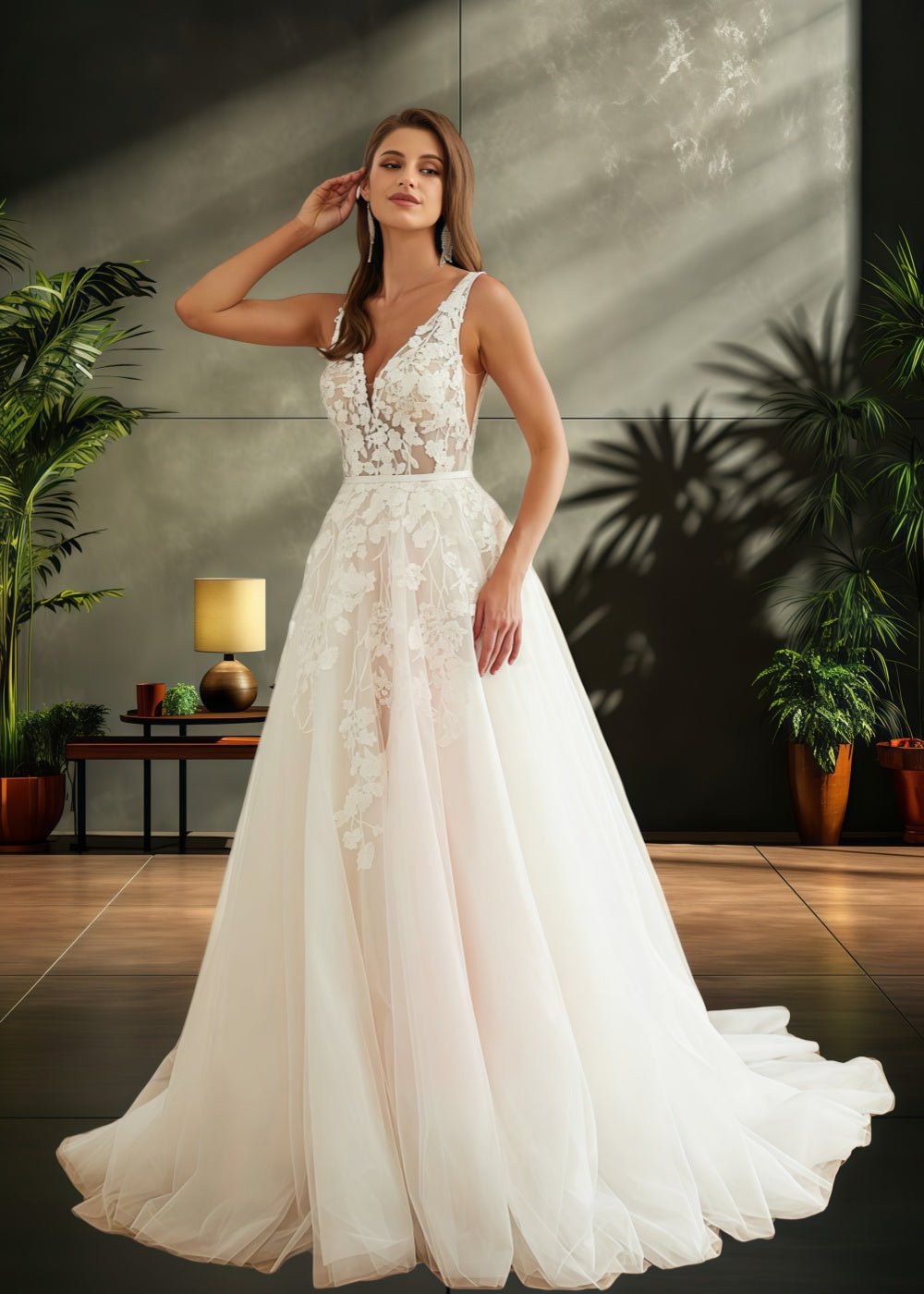 Jo | V Neck Princess Sleeveless Applique Lace Wedding Dress Train - A Blend of Allure and Elegance - White - PromDressClub