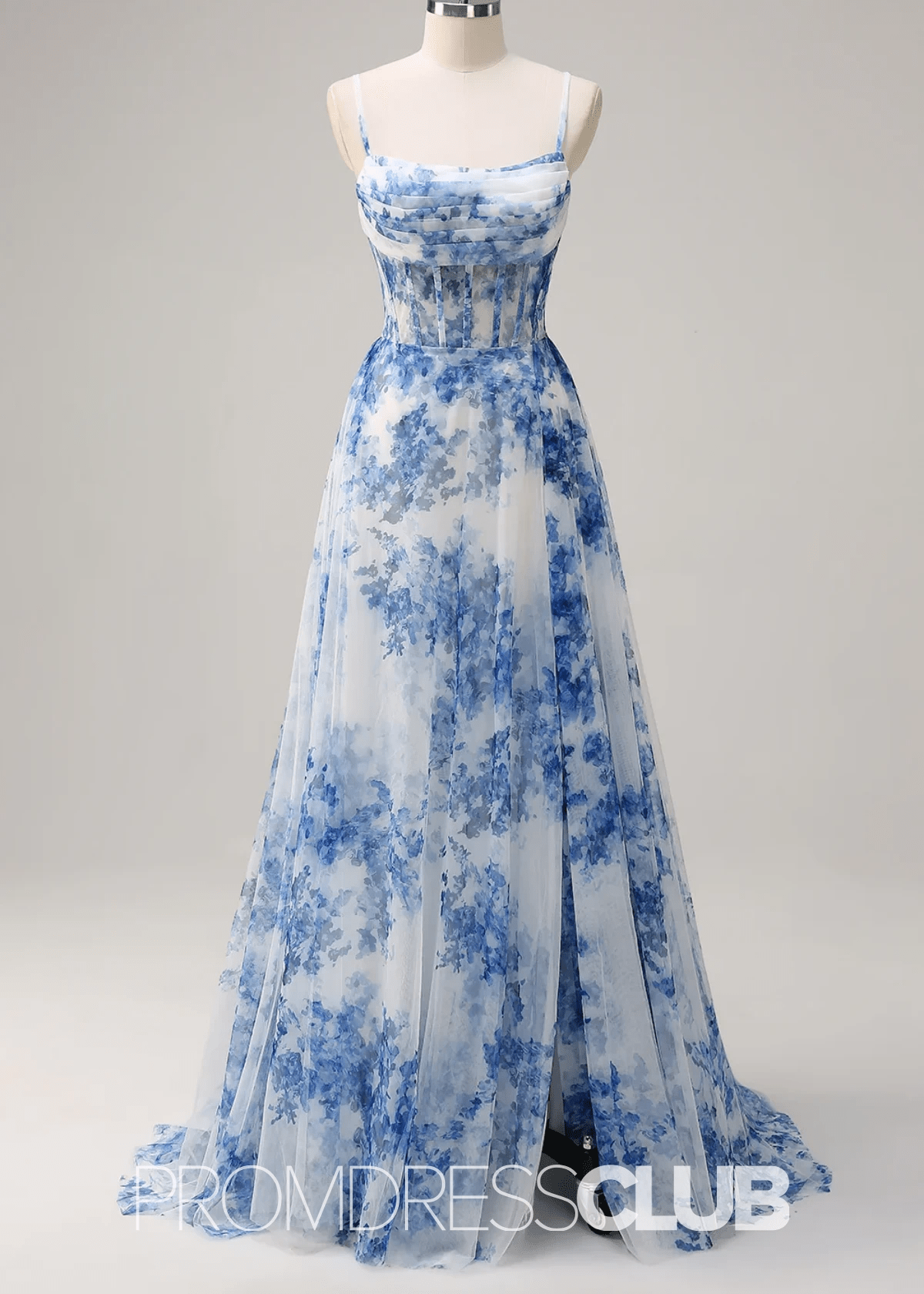 Jo | White Blue Flower A Line Ruched Corset Maxi Prom Dress - Blue Floral - PROMDRESS Club