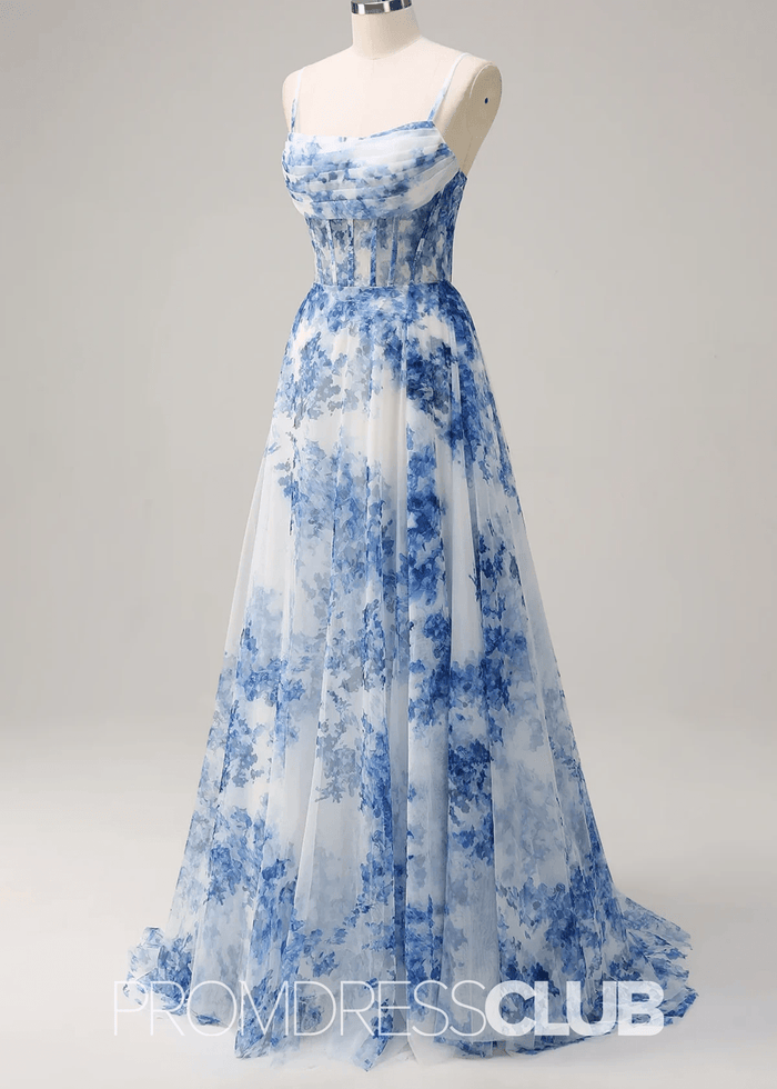 Jo | White Blue Flower A Line Ruched Corset Maxi Prom Dress - Price #price_variant_lowest# - Blue Floral - PromDressClub