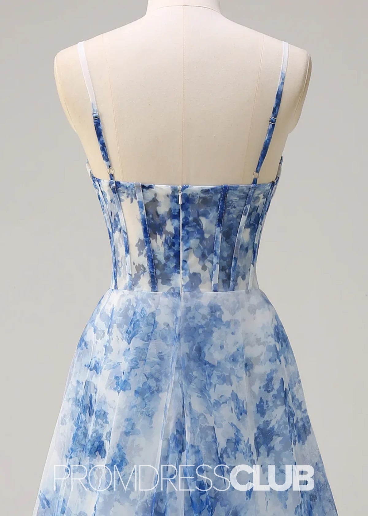 Jo | White Blue Flower A Line Ruched Corset Maxi Prom Dress - Blue Floral - PROMDRESS Club