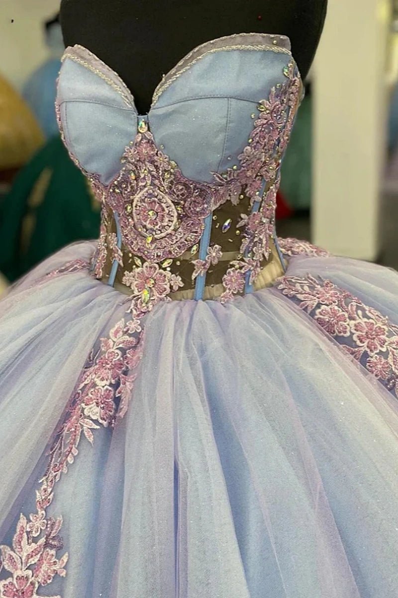 Joan | Discover the Ultimate Blue Quinceañera Dresses with Corset Details – Elevate Your Big Day! - Light Blue - PromDressClub