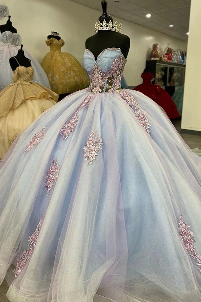 Joan | Discover the Ultimate Blue Quinceañera Dresses with Corset Details – Elevate Your Big Day! - Light Blue - PromDressClub