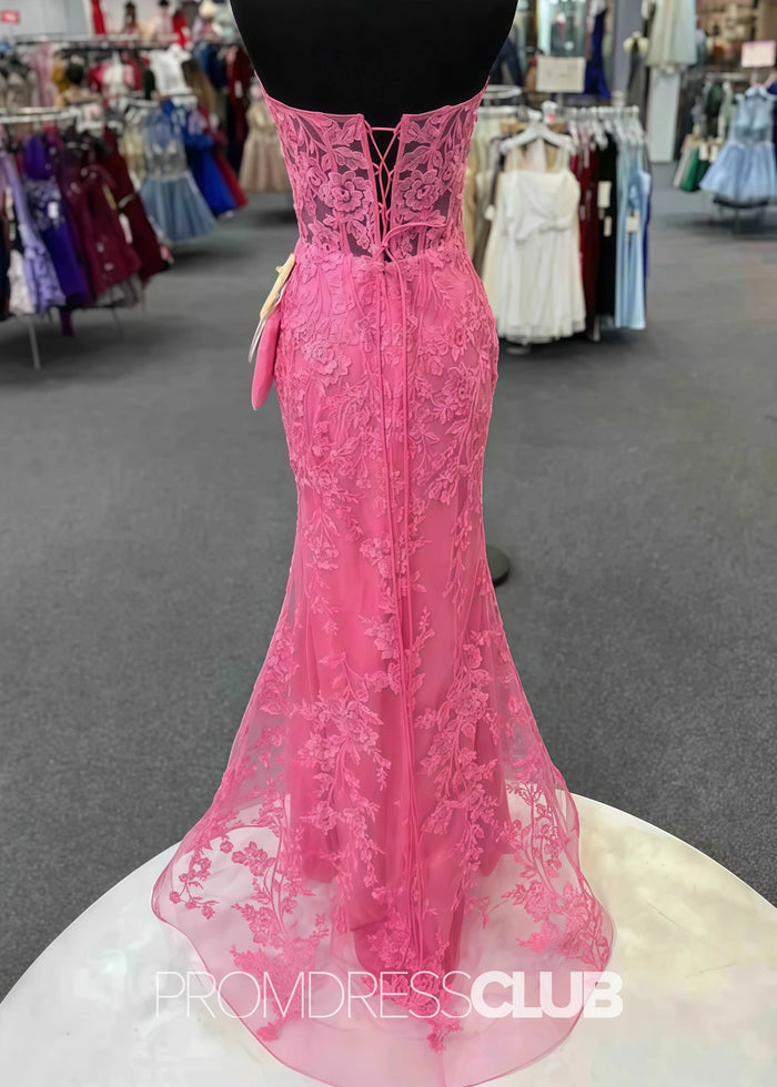 Joan |Long Pink Prom Dresses Near Me With Sweetheart Strapless Lace Appliques Mermaid - Price #price_variant_lowest# - Pink - PromDressClub
