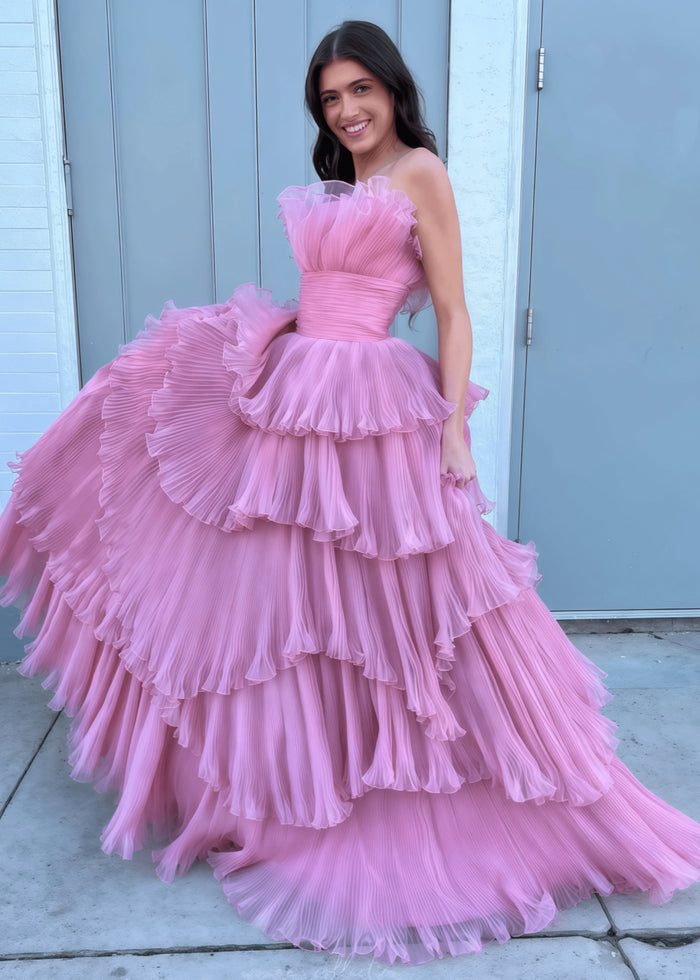 Joanna | A Line Royal Blue Light Pink Strapless Corset Formal Dress with Ruffle - Dusty Pink - PromDressClub