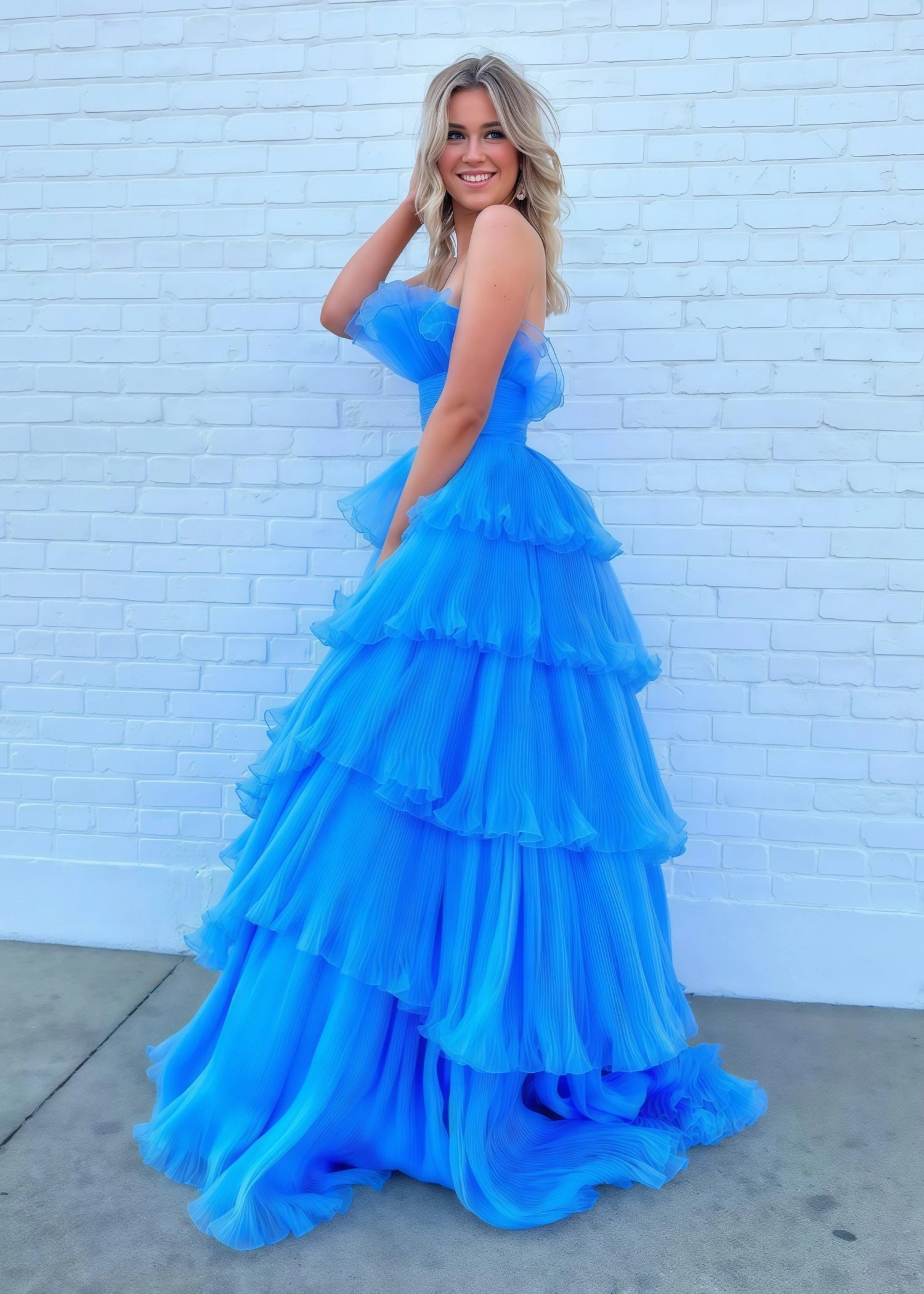 Joanna |A - Line Strapless Tiered Crinkled Pink Tulle Prom Dress With Tiered Ruffles - Blue - US0 - PromDressClub