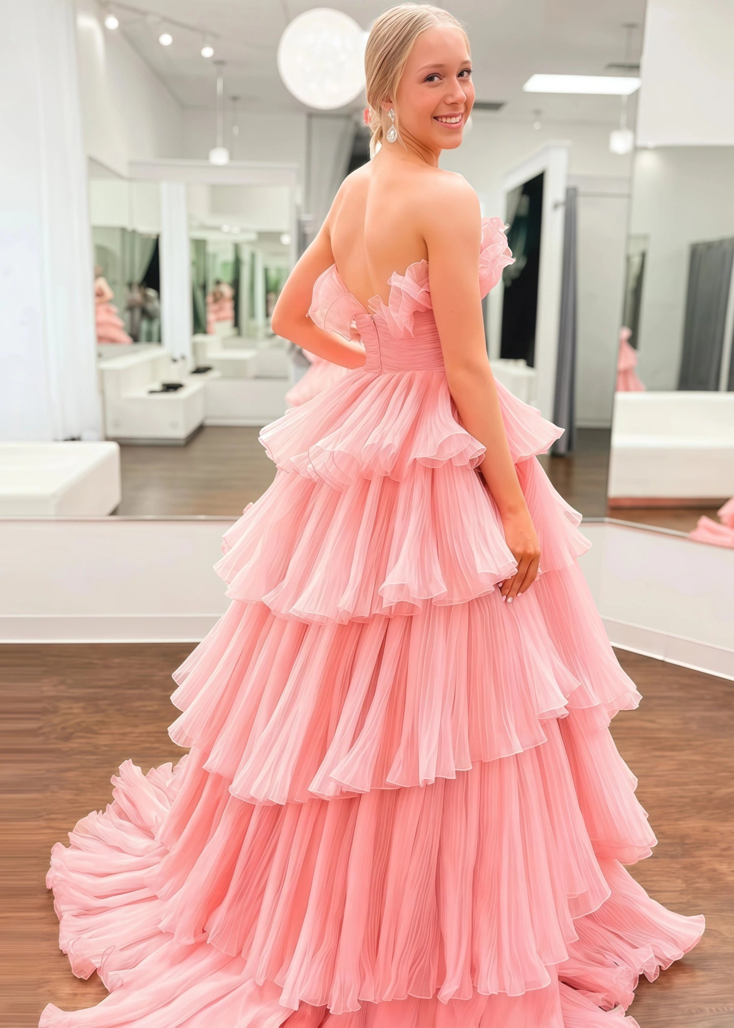 Joanna |A - Line Strapless Tiered Crinkled Pink Tulle Prom Dress With Tiered Ruffles - Pink - US0 - PromDressClub