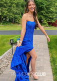 Joanna |Blue Long Prom Dresses Store With Strapless Mermaid Lace Slit - Blue - US0 - PromDressClub