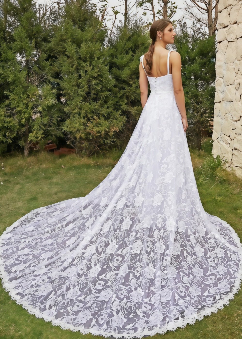 Joanna | Elegant A Line Lace Spaghetti Strap Sweetheart Neckline White Wedding Dress with Court Train - White - PromDressClub