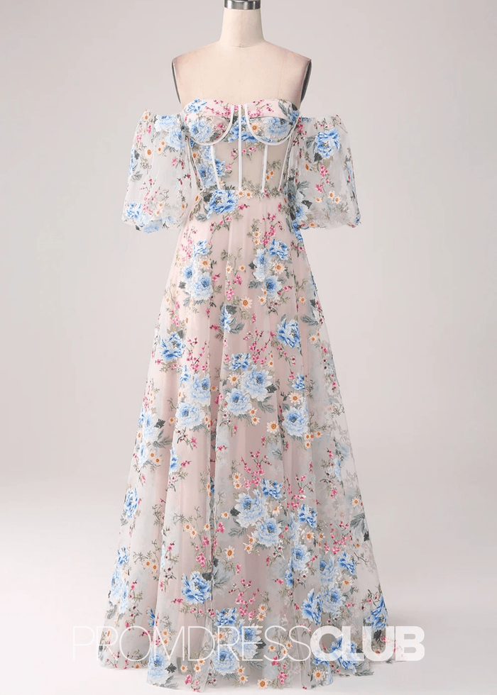 Jocelyn | White Floral A - Line Strapless Corset Long Prom Dress - Price #price_variant_lowest# - White Floral - PromDressClub