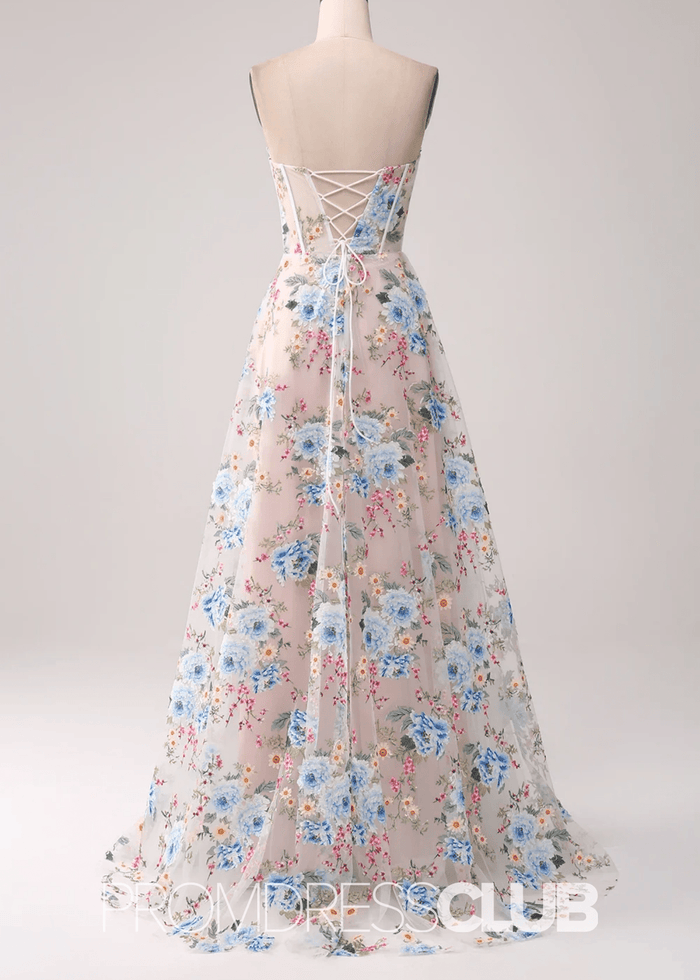 Jocelyn | White Floral A - Line Strapless Corset Long Prom Dress - Price #price_variant_lowest# - White Floral - PromDressClub