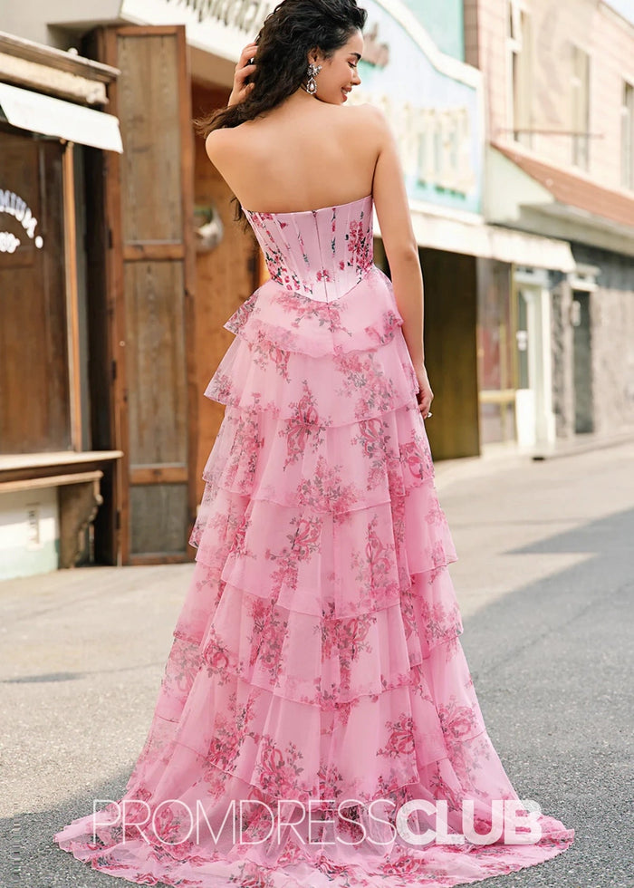 Jodie | A Line Strapless Blush Floral Long Prom Dress - Price #price_variant_lowest# - Blush Floral - PromDressClub