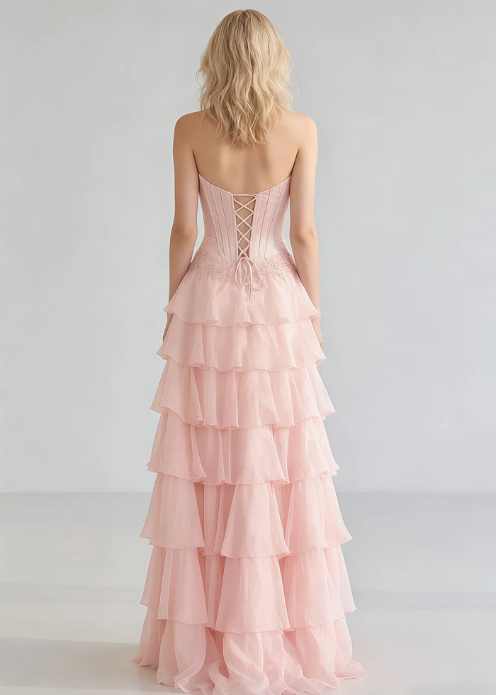 Jora Corset Pink Prom Dress with Ruffles | A - Line Strapless Appliques Lace Formal Dress with Slit - Pink - PromDressClub