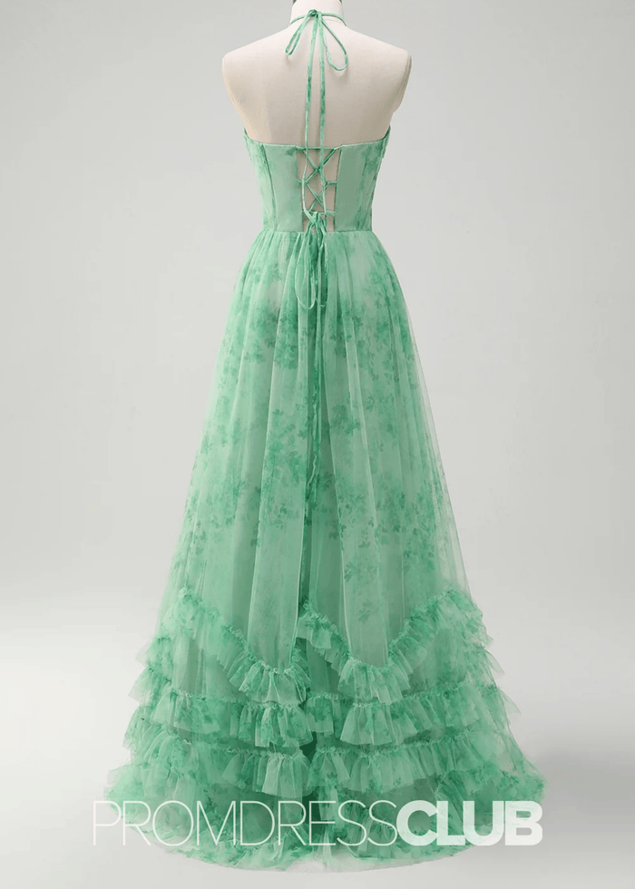 Josephine | Green Floral Corset Ruffles A - Line Long Prom Dress - Price #price_variant_lowest# - Green Floral - PromDressClub