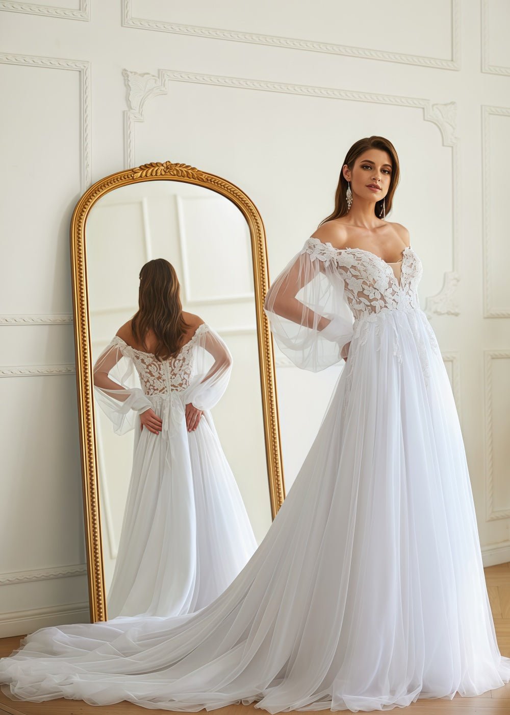 Josephine | Off the Shoulder Long Puff Sleeve Lace Tulle Wedding Dress with Court Train and Applique - White - PromDressClub