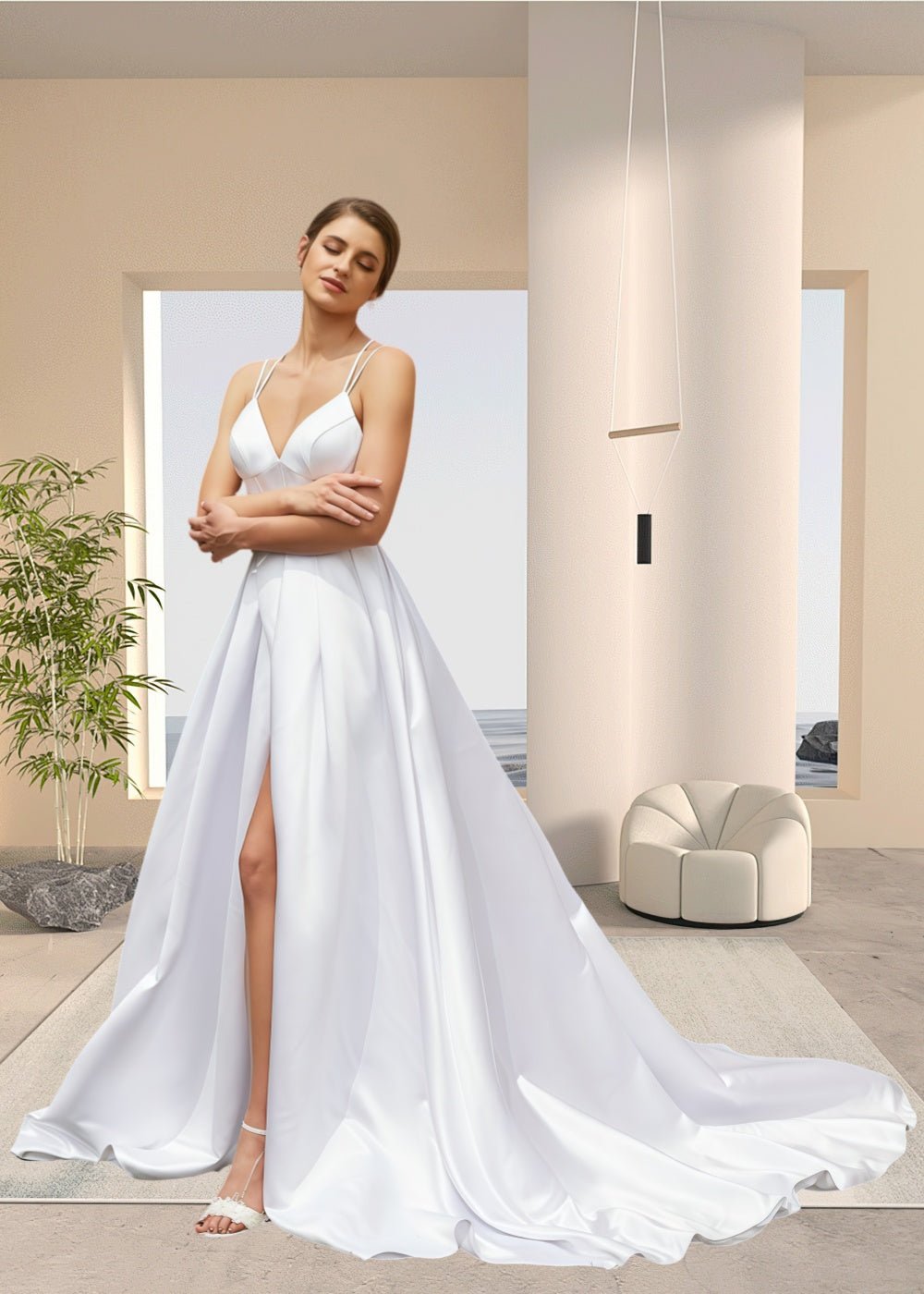 Joy | Ball - gown/Princess Satin Spaghetti Strap V Neck Wedding Dress with High Slit and Court Train - White - PromDressClub