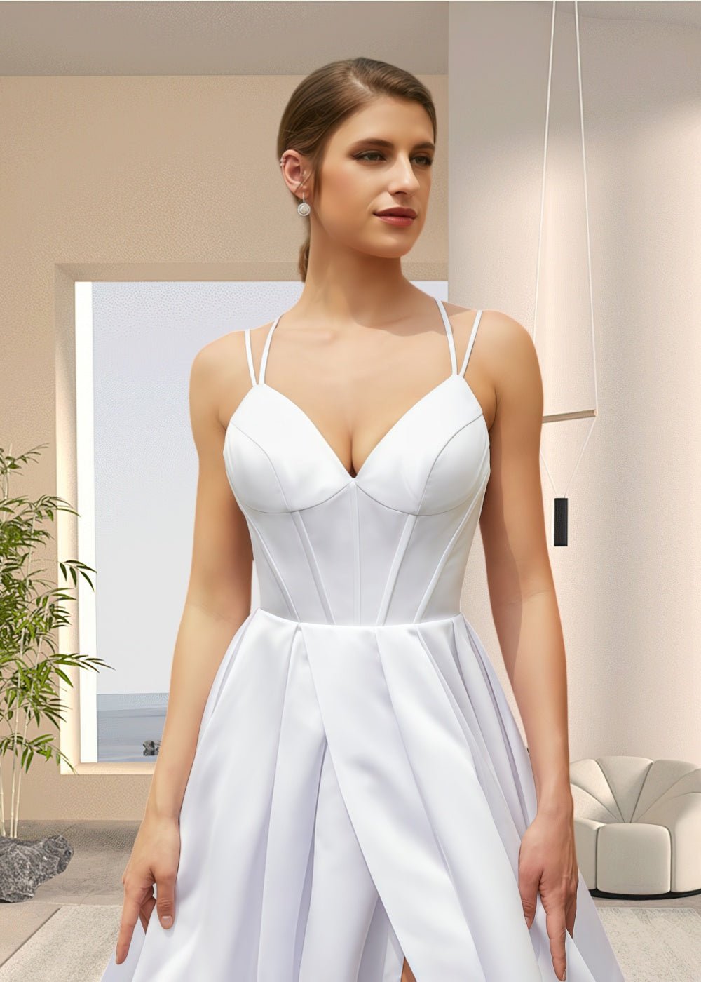 Joy | Ball - gown/Princess Satin Spaghetti Strap V Neck Wedding Dress with High Slit and Court Train - White - PromDressClub