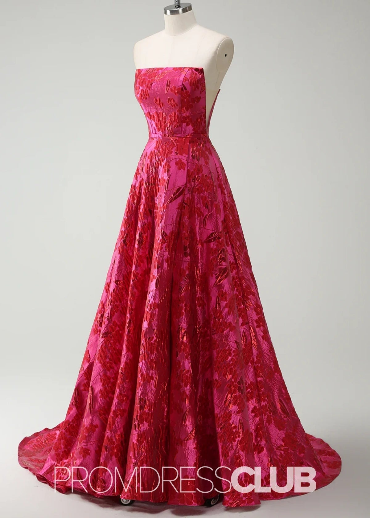 Joy | Red Floral A - Line Strapless Maxi Formal Dress - Red Floral - PROMDRESS Club