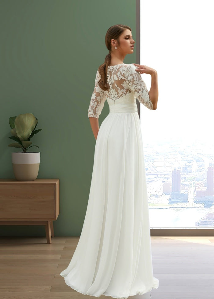 Judith | Elegant Boho V Neck Lace Half Sleeve Chiffon Wedding Dress with Floor Length - White - PromDressClub