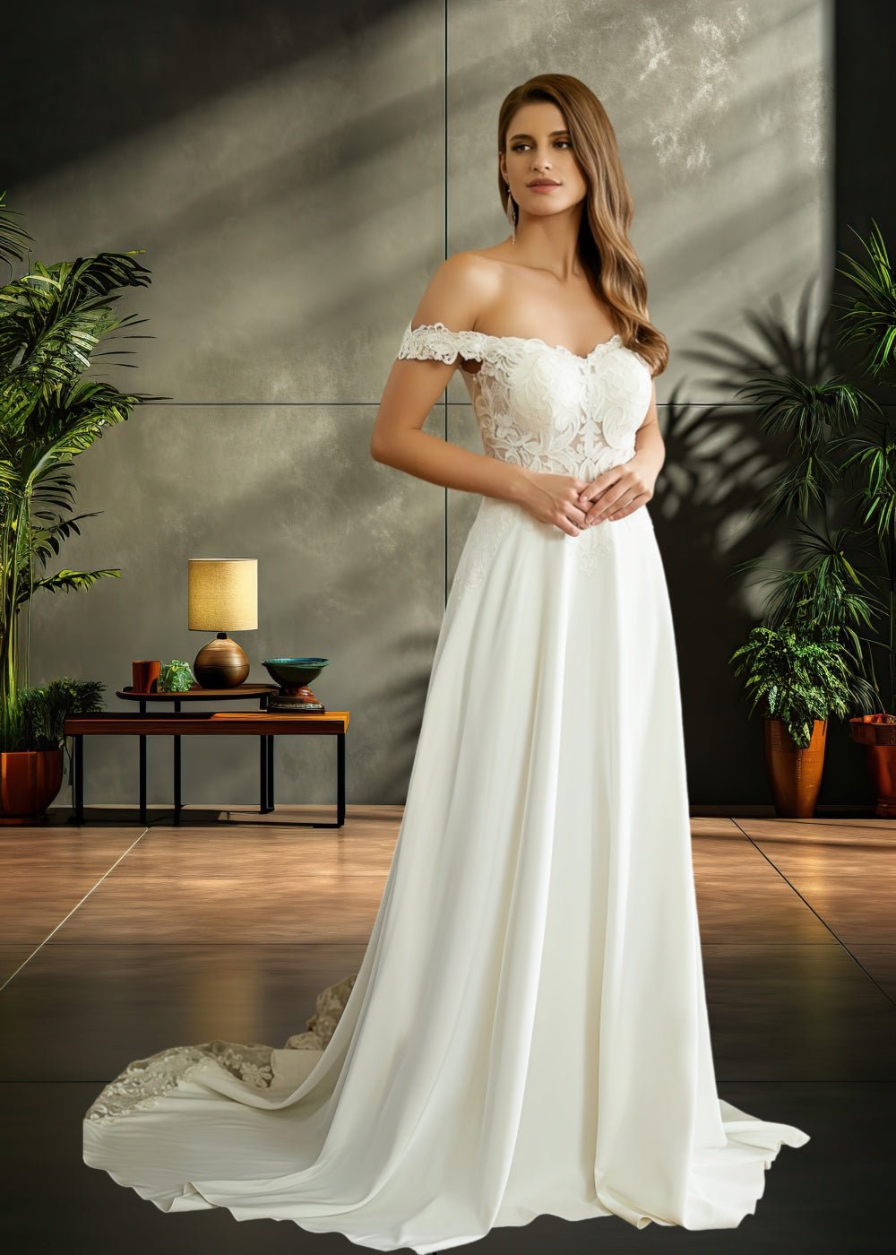 Judy | A Line Off the Shoulder Corset Lace and Satin Ivory Wedding Dress with Court Train - Ivory - PromDressClub