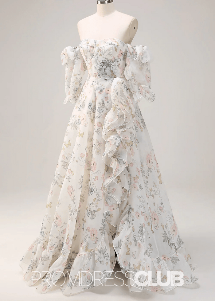 Judy | A Line White Floral Ruffle Slit Long Prom Dress - Price #price_variant_lowest# - White Floral - PromDressClub