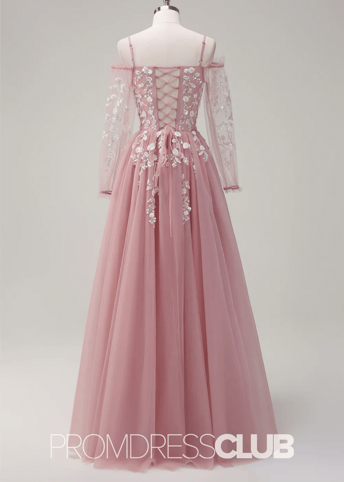 Julie | A - Line Cold Shoulder Sparkly Royal Blue Long Prom Dress - Price #price_variant_lowest# - Blush - PromDressClub