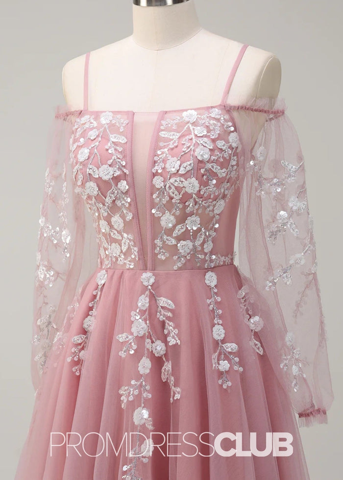 Julie | A - Line Cold Shoulder Sparkly Royal Blue Long Prom Dress - Price #price_variant_lowest# - Blush - PromDressClub