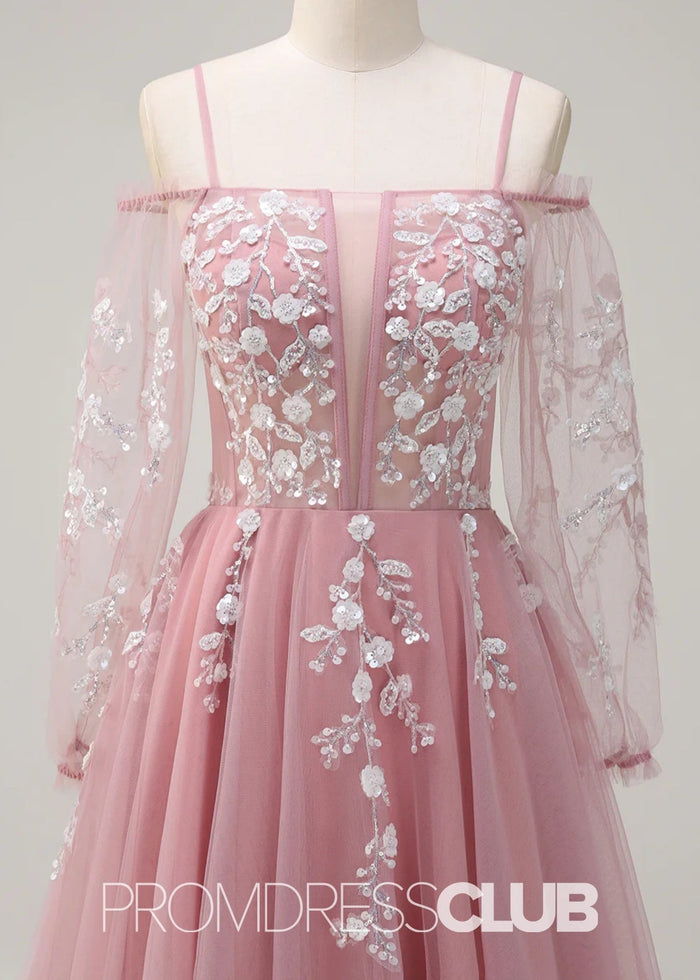 Julie | A - Line Cold Shoulder Sparkly Royal Blue Long Prom Dress - Price #price_variant_lowest# - Blush - PromDressClub