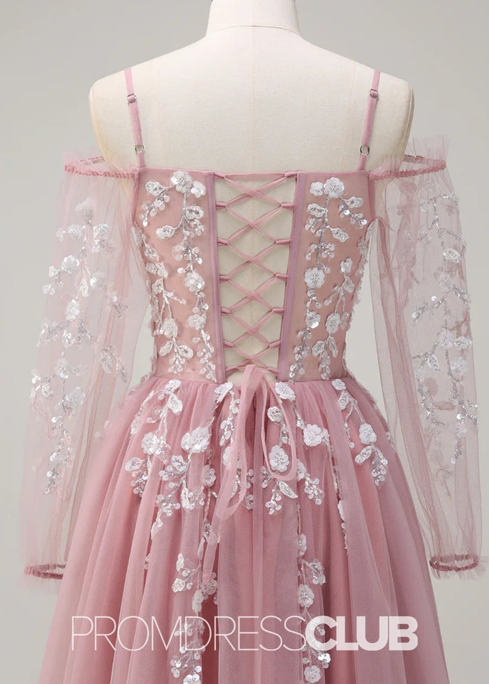 Julie | A - Line Cold Shoulder Sparkly Royal Blue Long Prom Dress - Price #price_variant_lowest# - Blush - PromDressClub