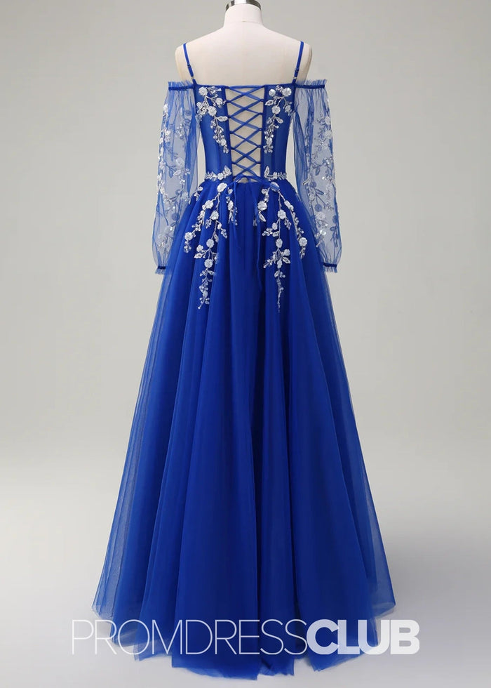 Julie | A - Line Cold Shoulder Sparkly Royal Blue Long Prom Dress - Price #price_variant_lowest# - Royal Blue - PromDressClub