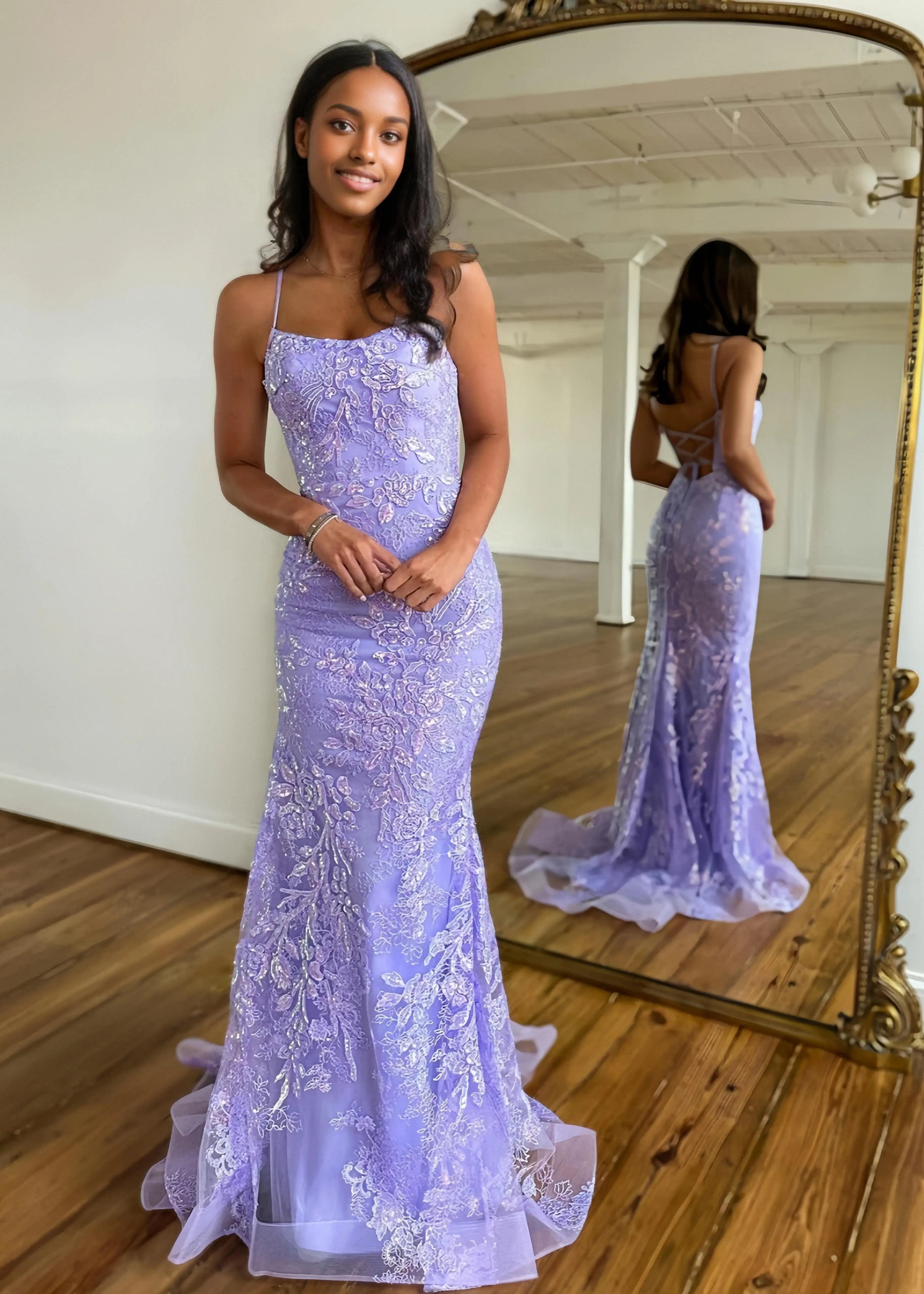 Julie |Mermaid Scoop Lace Lace - up Back Lilac Long Prom Dress - Lilac - US0 - PromDressClub