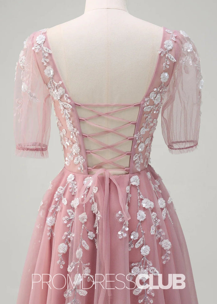 Juliet | Sparkly Blush Short Sleeves Tulle Long Prom Dress - Price #price_variant_lowest# - Blush - PromDressClub