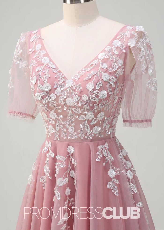 Juliet | Sparkly Blush Short Sleeves Tulle Long Prom Dress - Price #price_variant_lowest# - Blush - PromDressClub