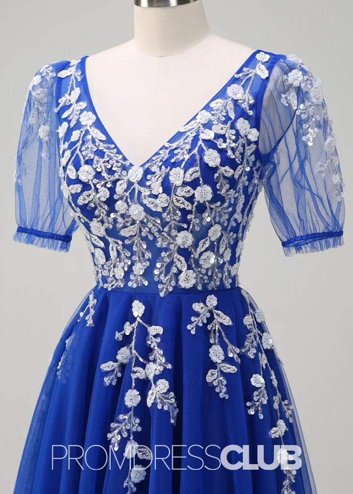 Juliet | Sparkly Blush Short Sleeves Tulle Long Prom Dress - Price #price_variant_lowest# - Royal Blue - PromDressClub