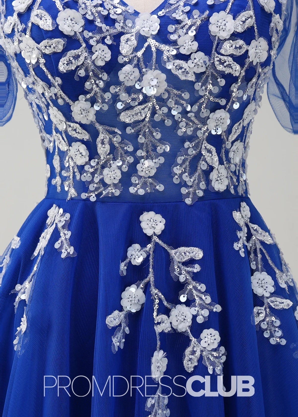 Juliet | Sparkly Blush Short Sleeves Tulle Long Prom Dress - Royal Blue - PROMDRESS Club