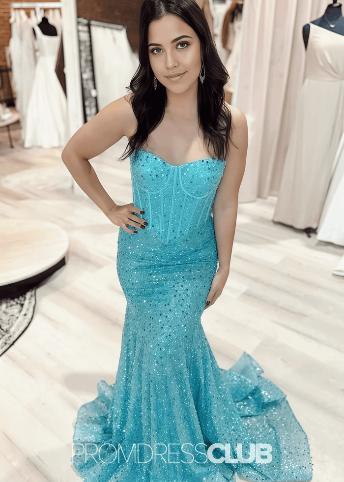 June | Mermaid Spaghetti Straps Light Pink Sequin Long Prom Dress - Price #price_variant_lowest# - Aqua - PromDressClub