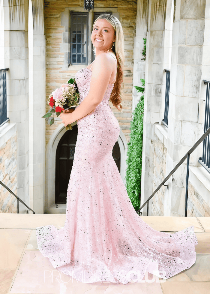 June | Mermaid Spaghetti Straps Light Pink Sequin Long Prom Dress - Price #price_variant_lowest# - Light Pink - PromDressClub