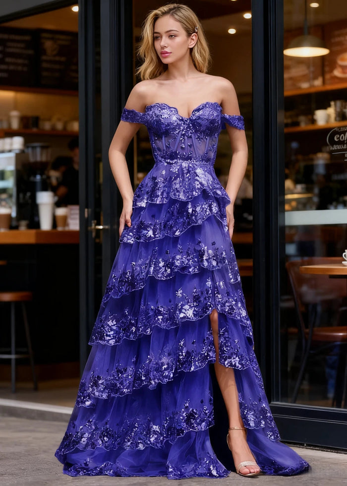 Kaleido Royal Blue Sequins Ruffle Prom Dress | A - Line Off the Shoulder Sweetheart Neckline Tiered Dress with Slit - US0 - PromDressClub