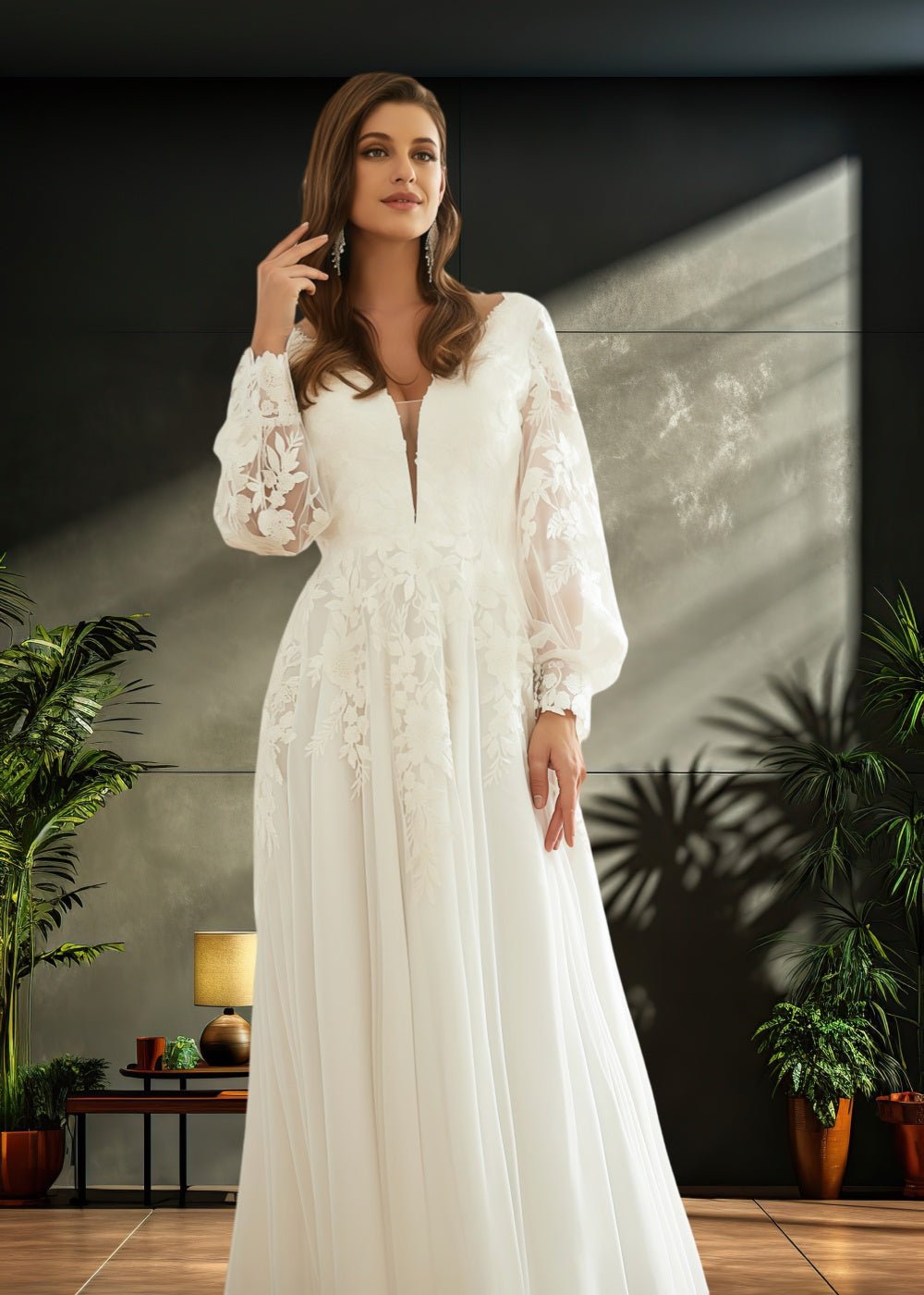 Kama | Elegant Sheath V Neck Lace Long Sleeve Ivory Chiffon Wedding Dress with Train from PDC - Ivory - PromDressClub