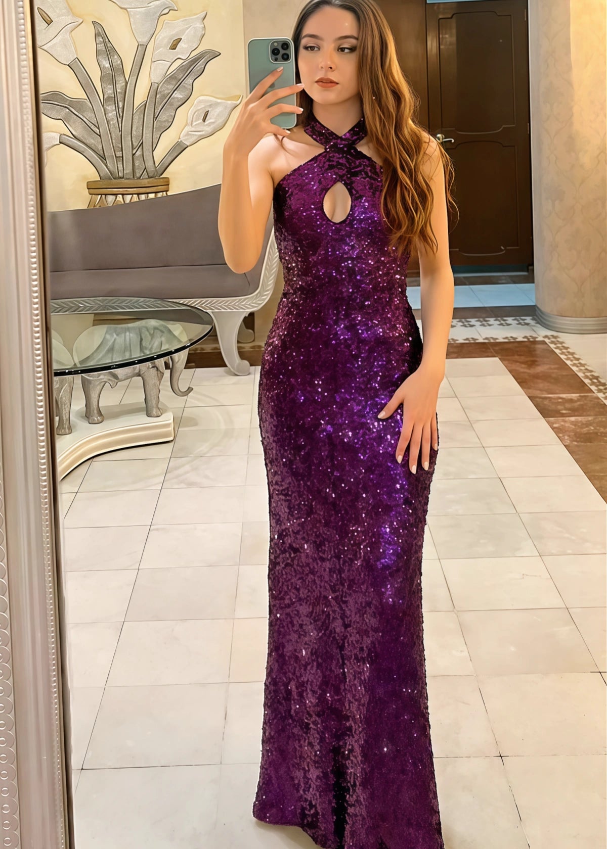 Kama | Mermaid Halter Dark Purple Sequin Long Prom Dress - Dark Purple - PROMDRESS Club