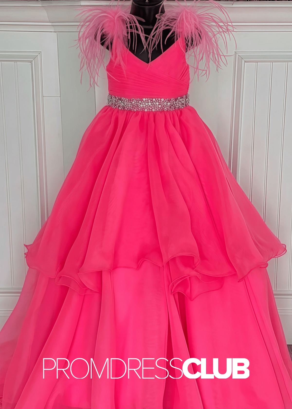 karen | Beaded White Feathers Pageant Dresses for Girls - Hot Pink - PromDressClub