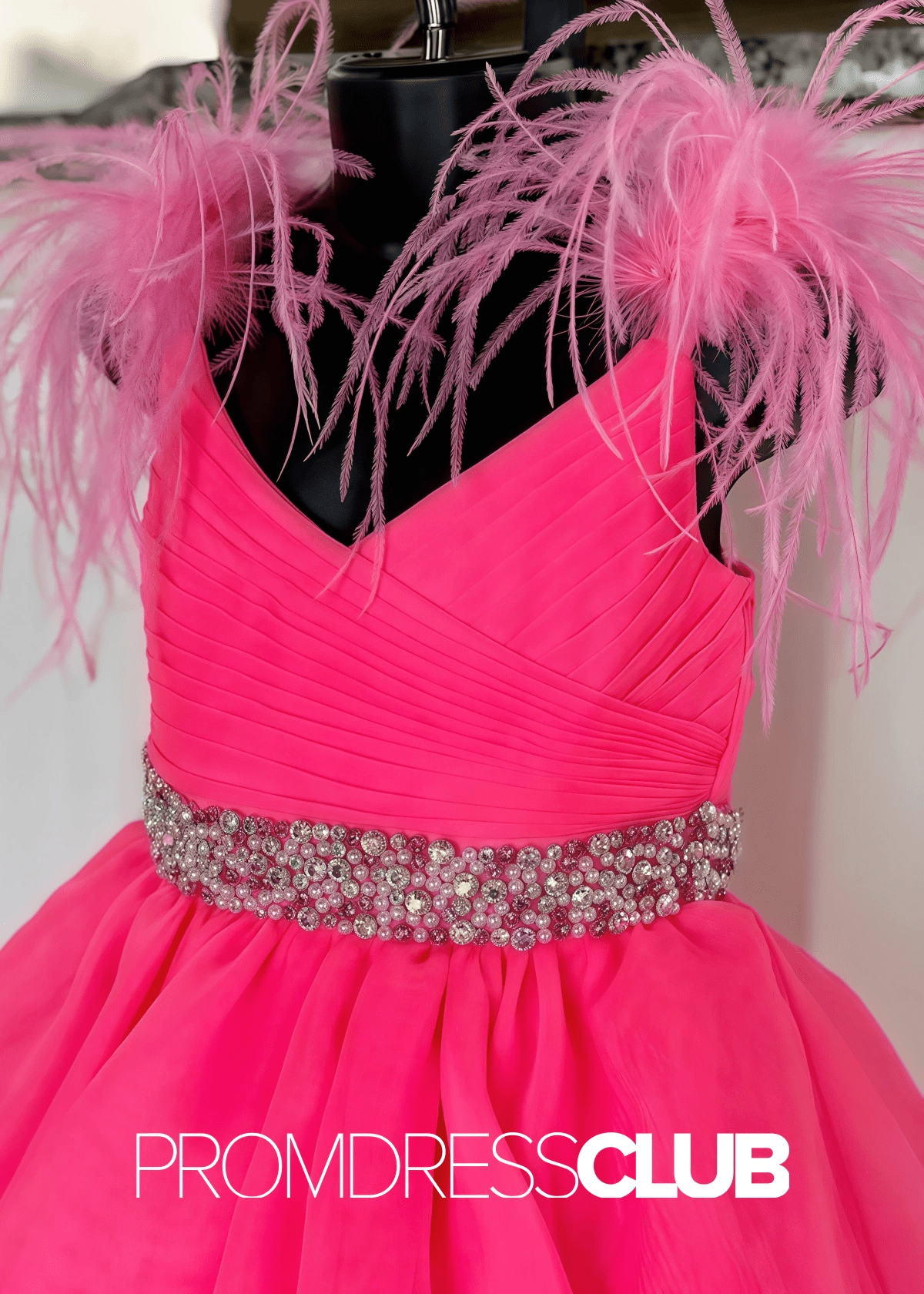 karen | Beaded White Feathers Pageant Dresses for Girls - Hot Pink - PromDressClub