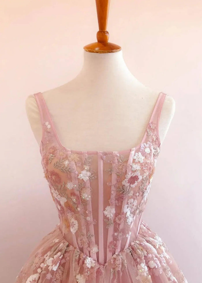 Kate | Ball Gown/Princess Blush Floral 3D Flower Square Neckline Prom Dress - Blush Floral - PromDressClub