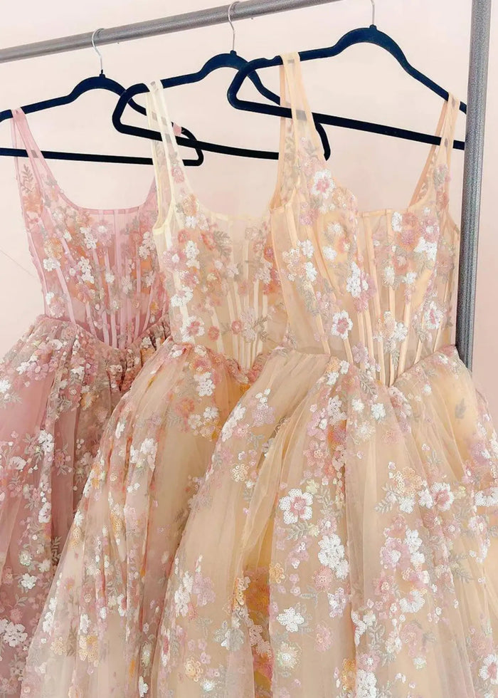 Kate | Ball Gown/Princess Blush Floral 3D Flower Square Neckline Prom Dress - Champagne Floral - PromDressClub