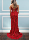 Kate |Trumpet Mermaid Spaghetti Sequins Straps Appliques Red Long Prom Dress with Slit - Red - US0 - PromDressClub