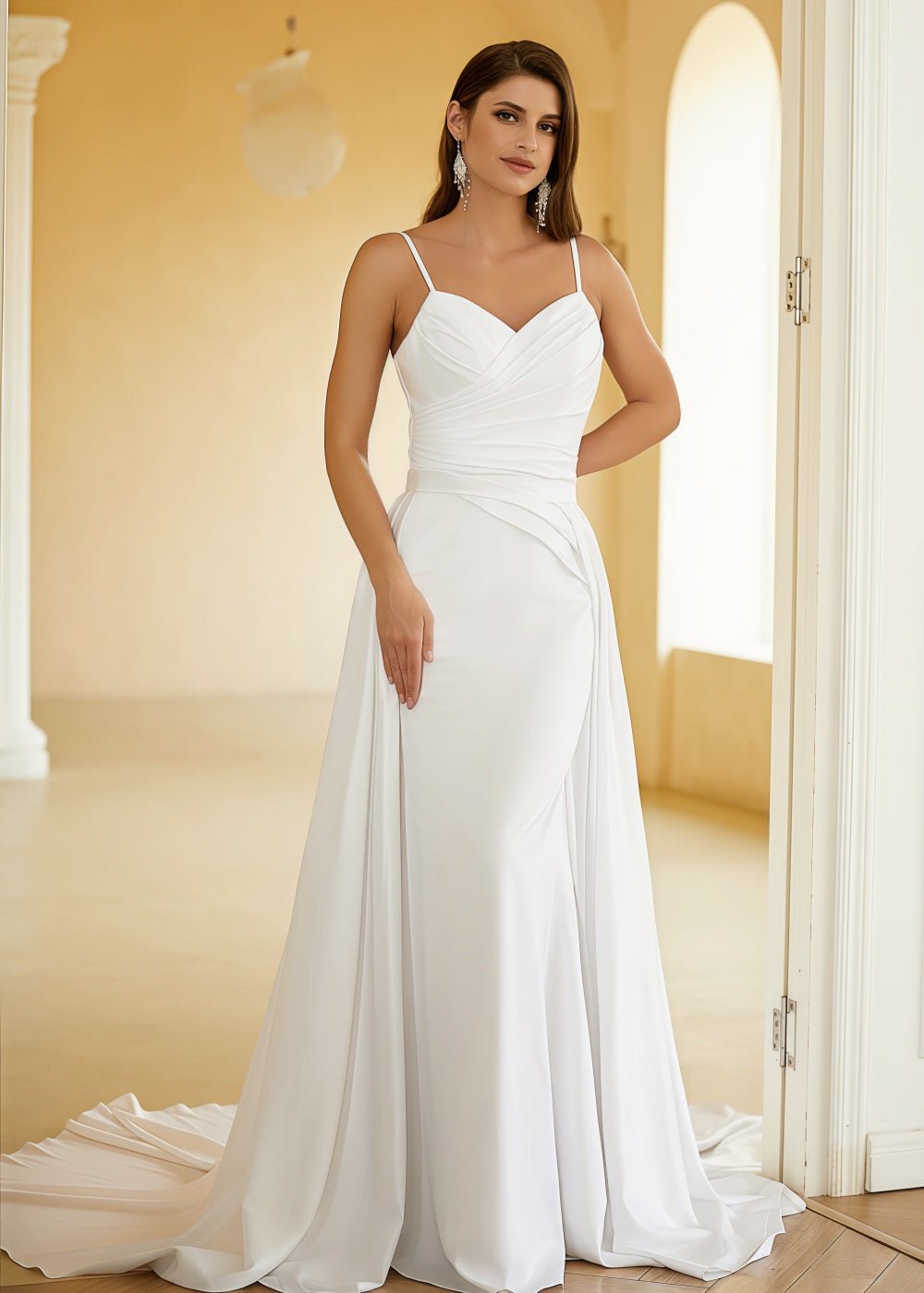 Katherine | Elegant Sheath/Column White Satin Spaghetti Strap Backless Wedding Dress with Court Train - White - PromDressClub