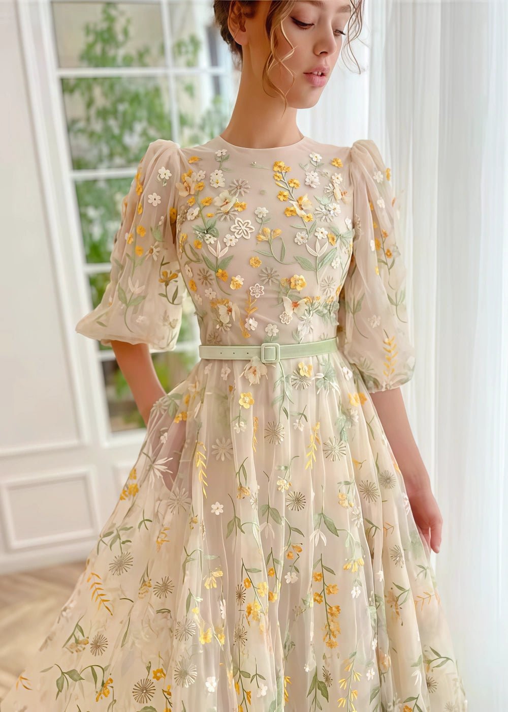 Katherine | Stunning Champagne High Neck Floral Prom Dress - Short Sleeve Elegance - Champagne Floral - PromDressClub