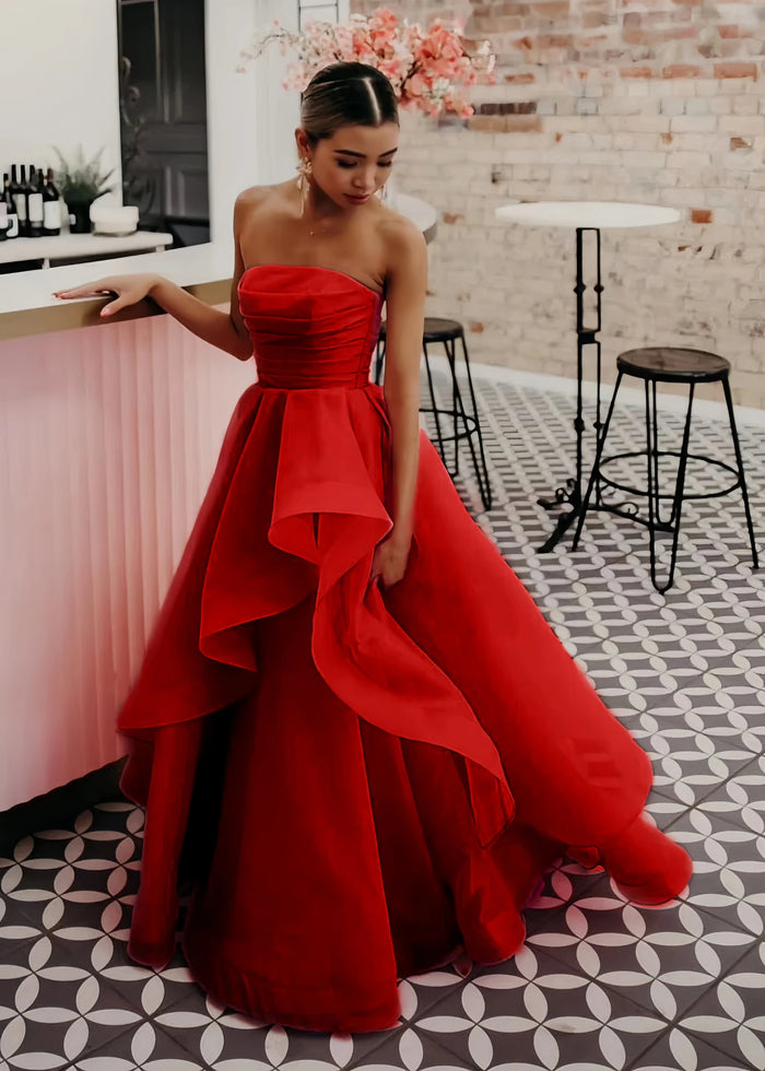 Katie | A Line Strapless Hot Pink Corset for Tulle Prom Dress - Red - PromDressClub
