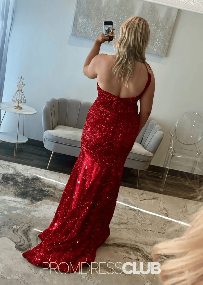 Kelly | Mermaid One Shoulder Light Blue Sequin Long Prom Dress with Slit - Price #price_variant_lowest# - Red - PromDressClub