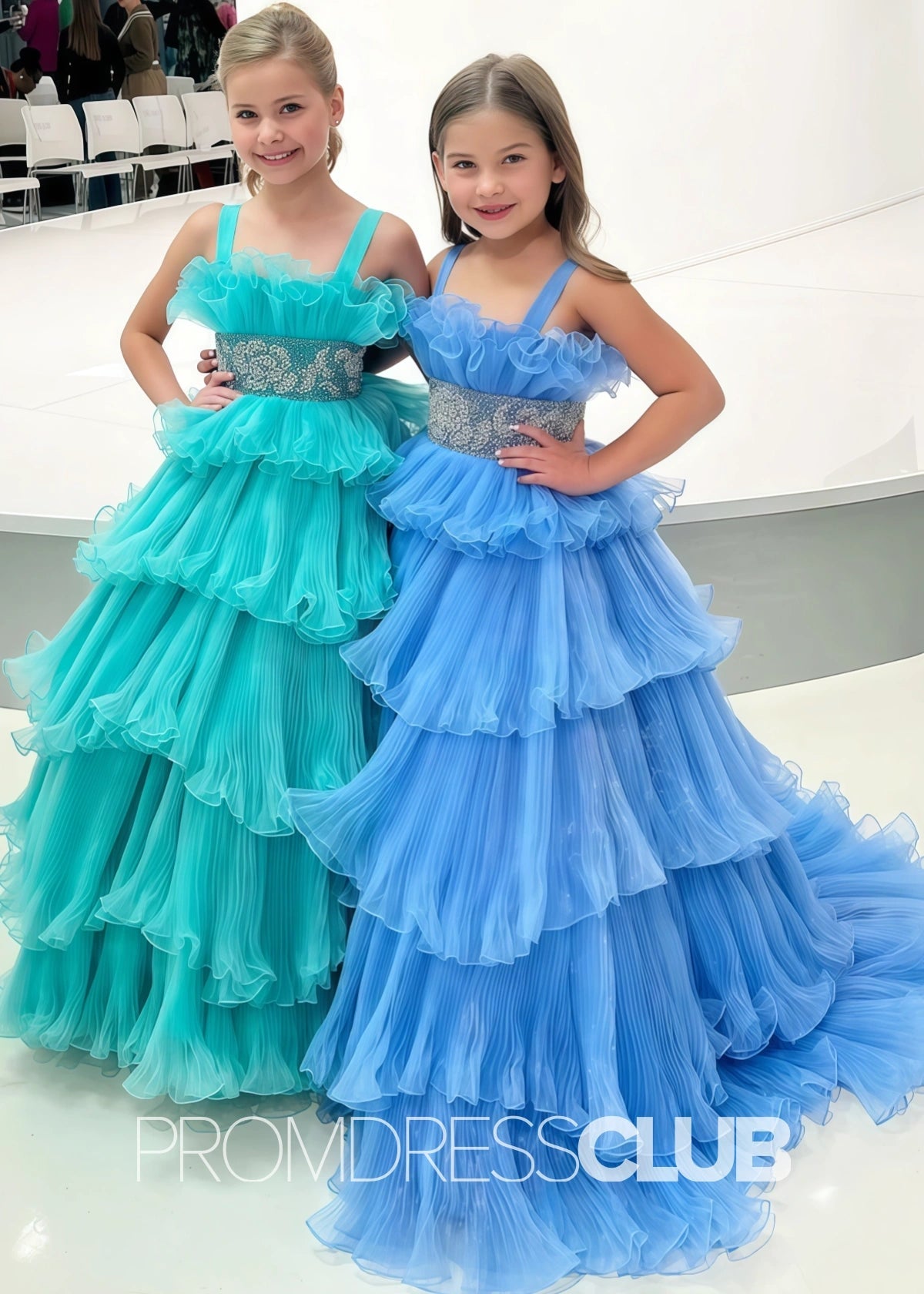 Kimberley | Multi - Tiered Ruffles Turquoise Long Pageant Dresses for Girls - Turquoise - PromDressClub